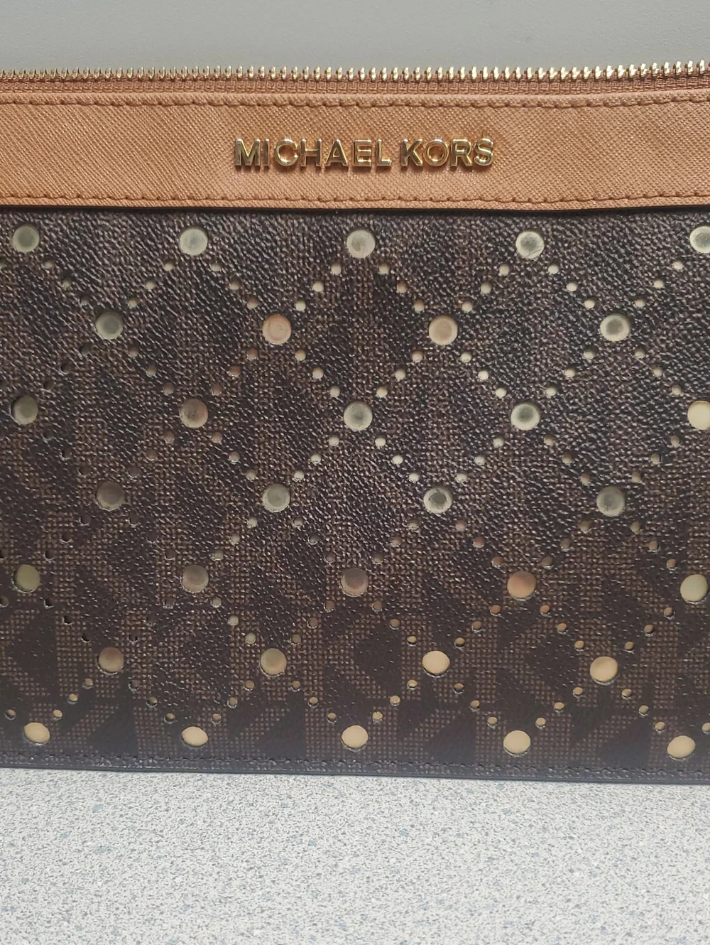 Michael Kors Dark Brown Perforated Zip Clutch with Tan Trim